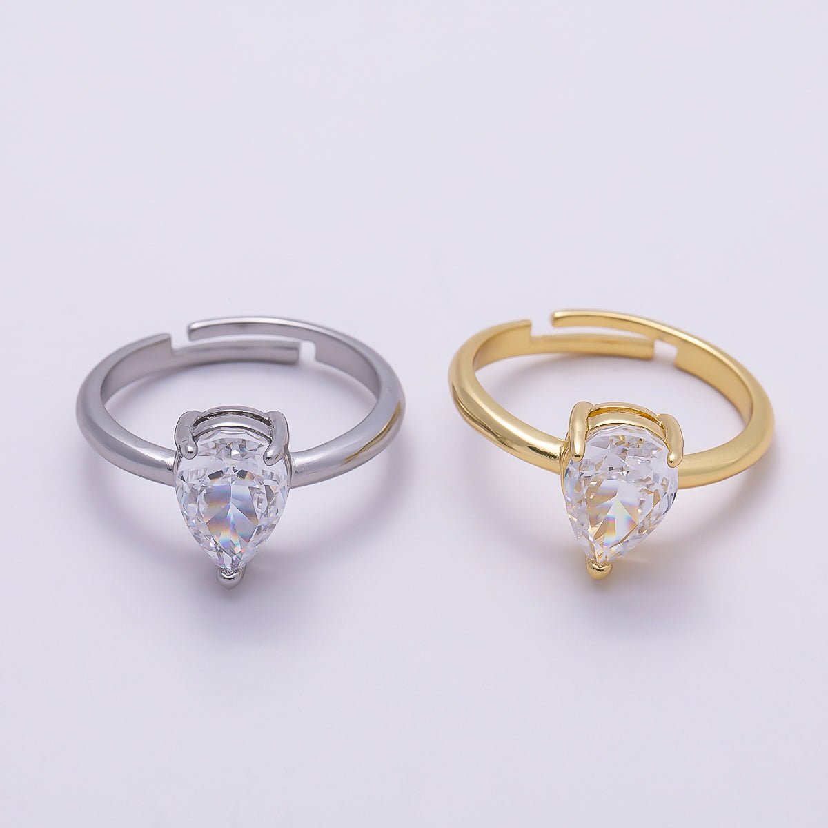16K Gold Filled Clear CZ Teardrop Solitaire Adjustable Ring in Gold &amp; Silver | Rings-00092 Rings-00121