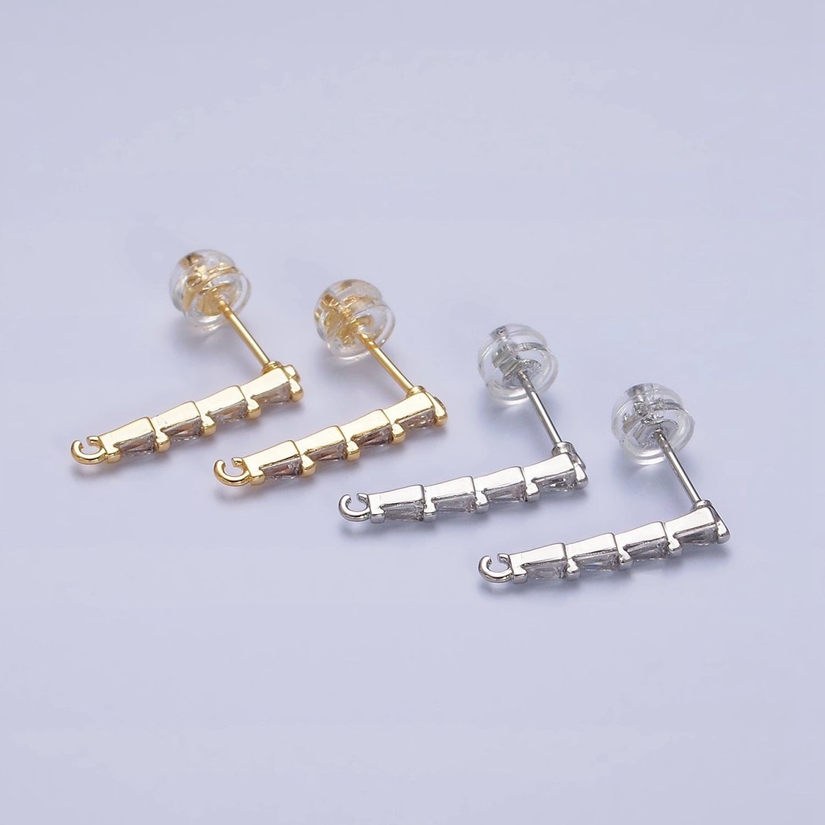16K Gold Filled Clear CZ Triangle Baguette Linear Drop Open Loop Stud Earrings Supply in Gold &amp; Silver | Z-421 Z-422