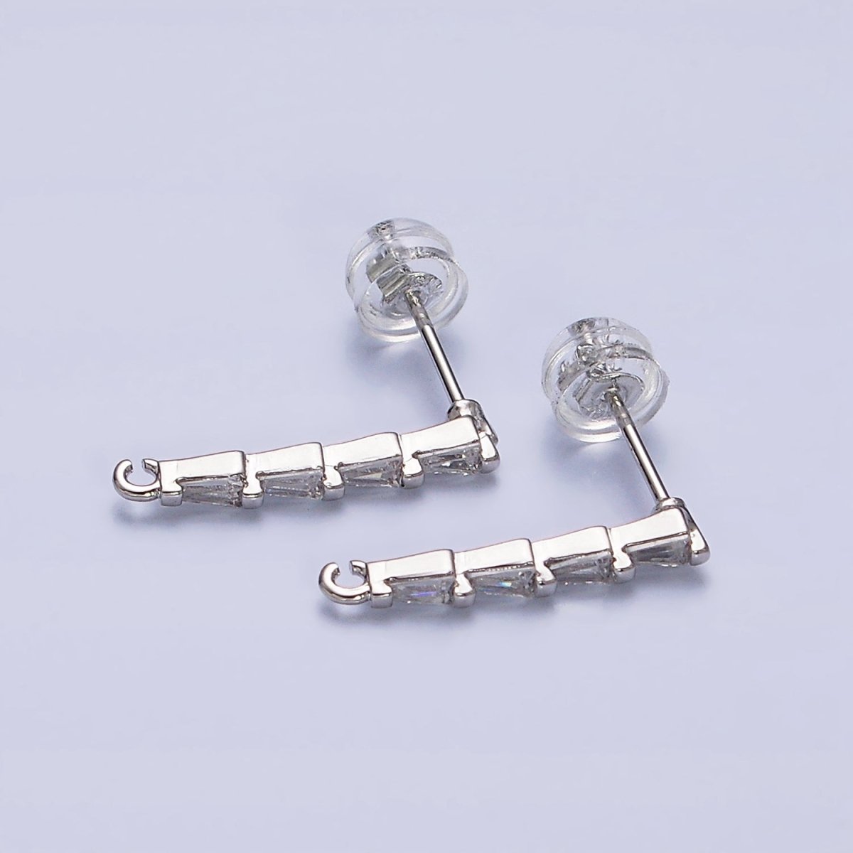 16K Gold Filled Clear CZ Triangle Baguette Linear Drop Open Loop Stud Earrings Supply in Gold &amp; Silver | Z-421 Z-422