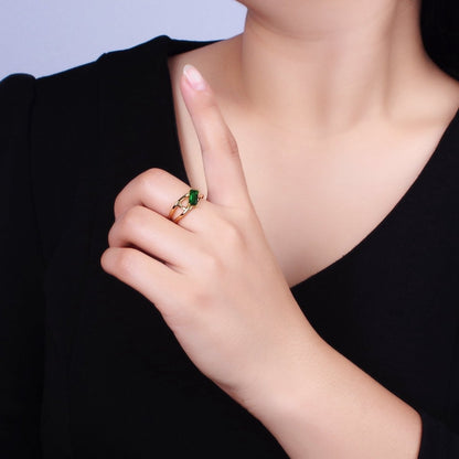 16K Gold Filled Clear, Green Baguette Molten Double Band Ring in Gold &amp; Silver |  O-1622 O-1623 O-1624