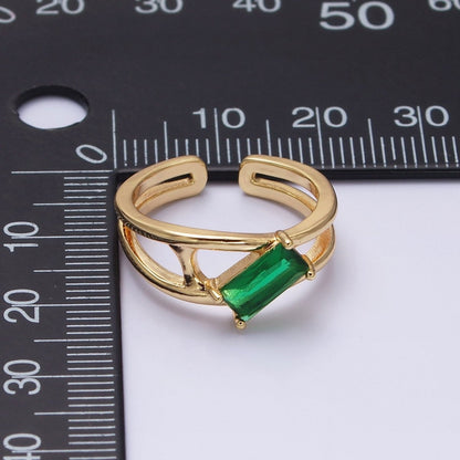 16K Gold Filled Clear, Green Baguette Molten Double Band Ring in Gold &amp; Silver |  O-1622 O-1623 O-1624