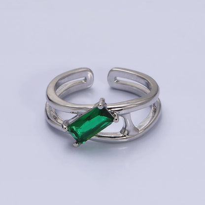 16K Gold Filled Clear, Green Baguette Molten Double Band Ring in Gold &amp; Silver |  O-1622 O-1623 O-1624