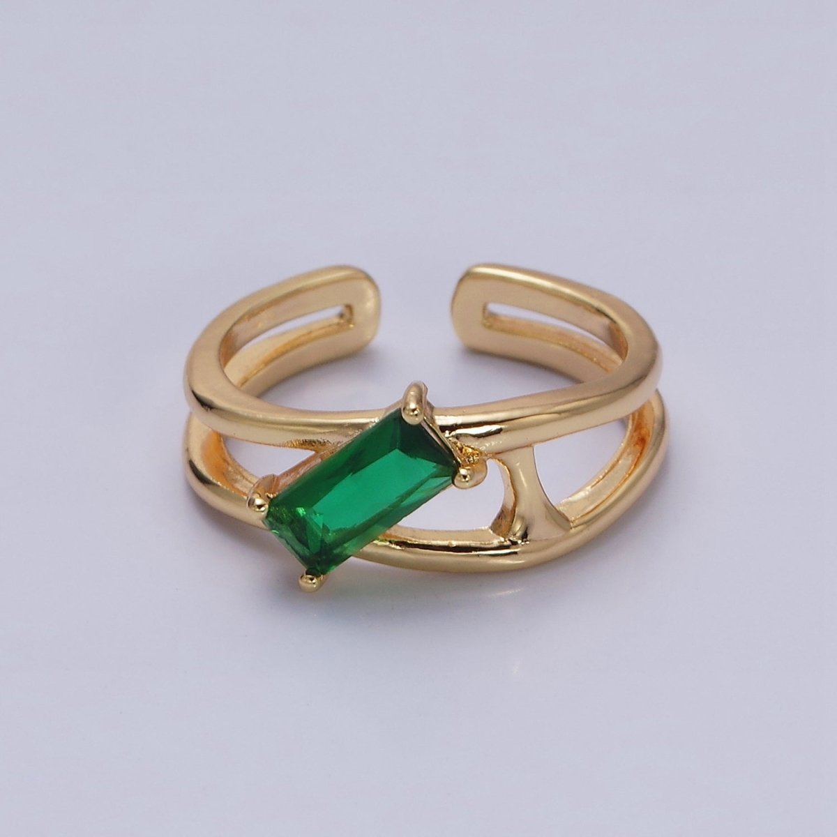 16K Gold Filled Clear, Green Baguette Molten Double Band Ring in Gold &amp; Silver |  O-1622 O-1623 O-1624