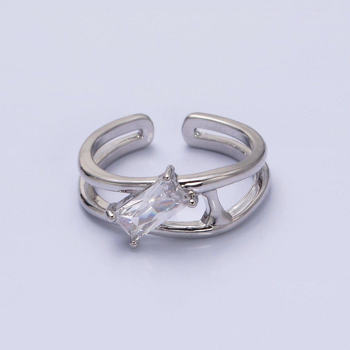 16K Gold Filled Clear, Green Baguette Molten Double Band Ring in Gold &amp; Silver |  O-1622 O-1623 O-1624