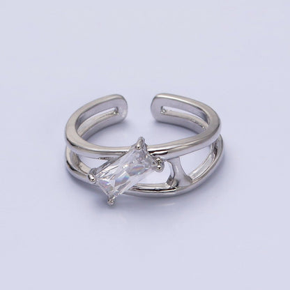 16K Gold Filled Clear, Green Baguette Molten Double Band Ring in Gold &amp; Silver |  O-1622 O-1623 O-1624