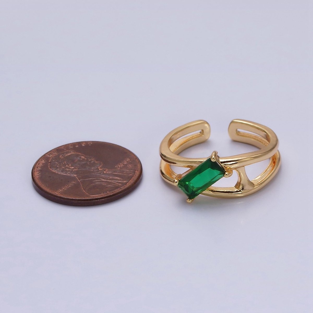 16K Gold Filled Clear, Green Baguette Molten Double Band Ring in Gold &amp; Silver |  O-1622 O-1623 O-1624