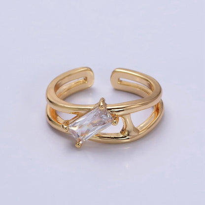 16K Gold Filled Clear, Green Baguette Molten Double Band Ring in Gold &amp; Silver |  O-1622 O-1623 O-1624