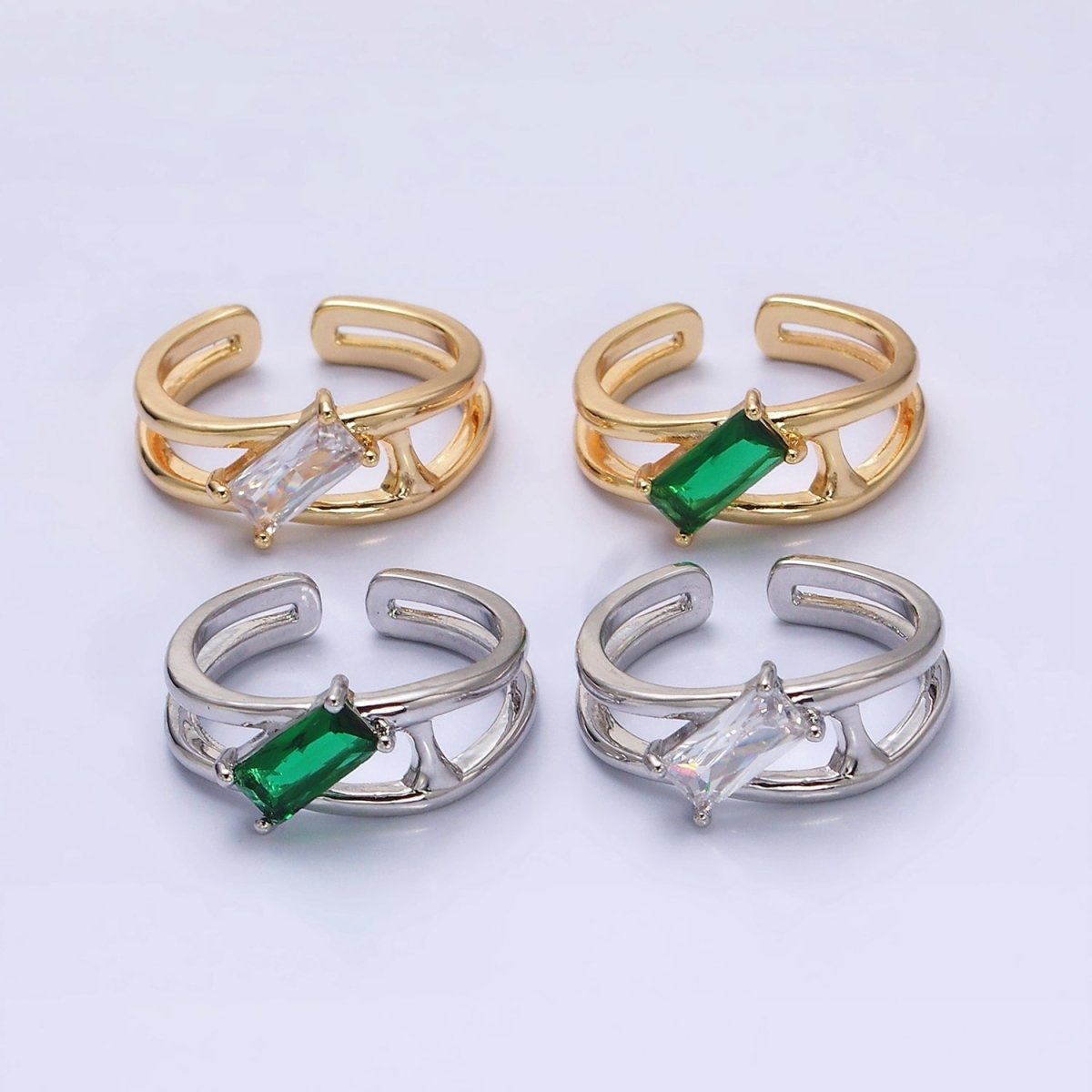16K Gold Filled Clear, Green Baguette Molten Double Band Ring in Gold &amp; Silver |  O-1622 O-1623 O-1624