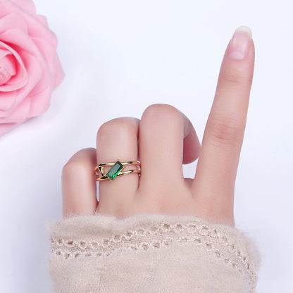 16K Gold Filled Clear, Green Baguette Molten Double Band Ring in Gold &amp; Silver |  O-1622 O-1623 O-1624