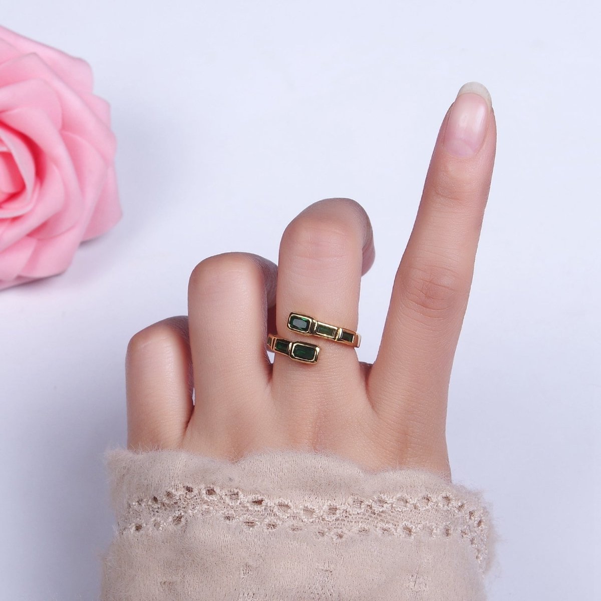 16K Gold Filled Clear, Green, Blue, Fuchsia Baguette Lined Open Ring | O-549 ~ O-553