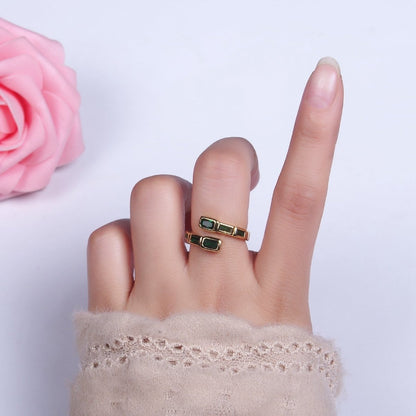 16K Gold Filled Clear, Green, Blue, Fuchsia Baguette Lined Open Ring | O-549 ~ O-553
