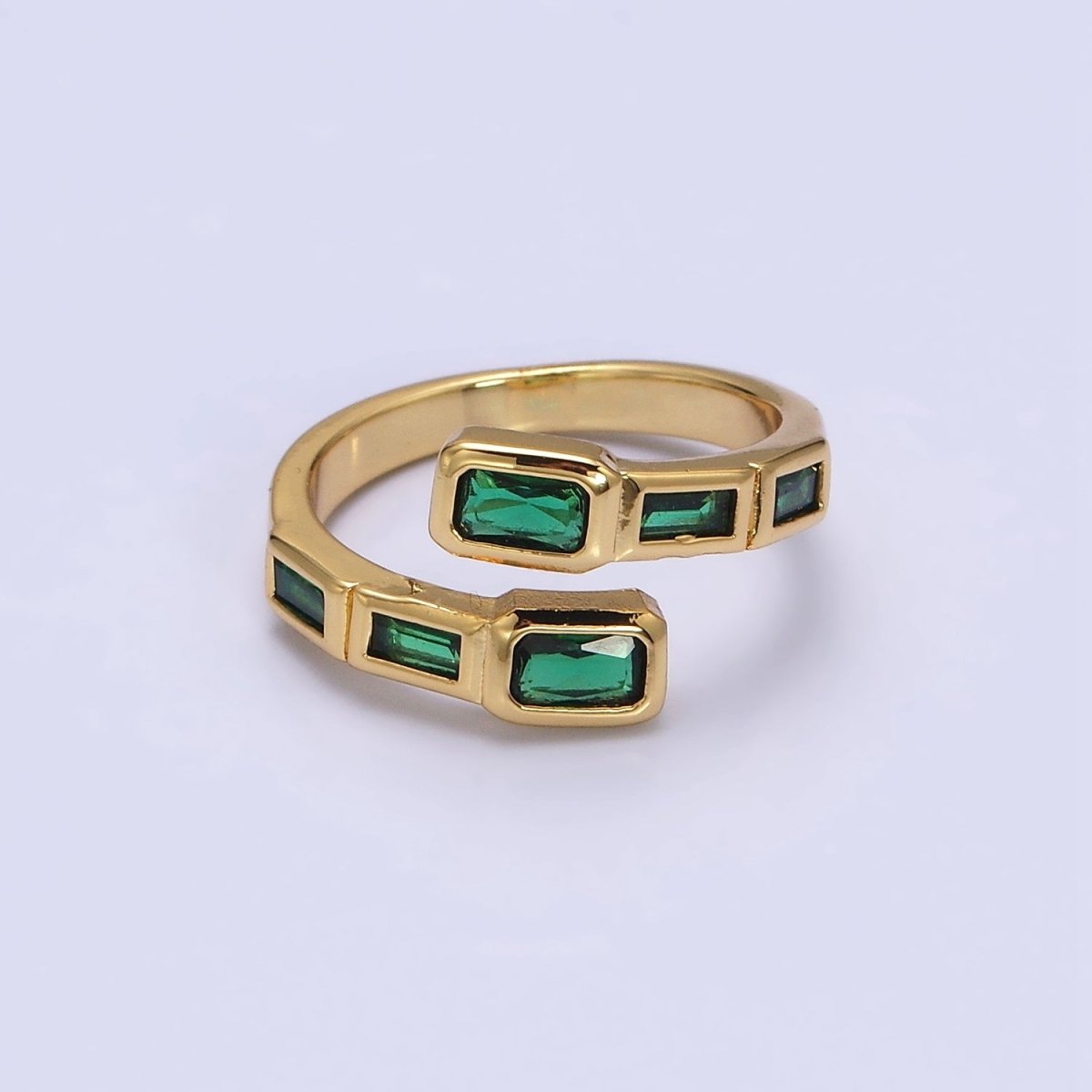 16K Gold Filled Clear, Green, Blue, Fuchsia Baguette Lined Open Ring | O-549 ~ O-553