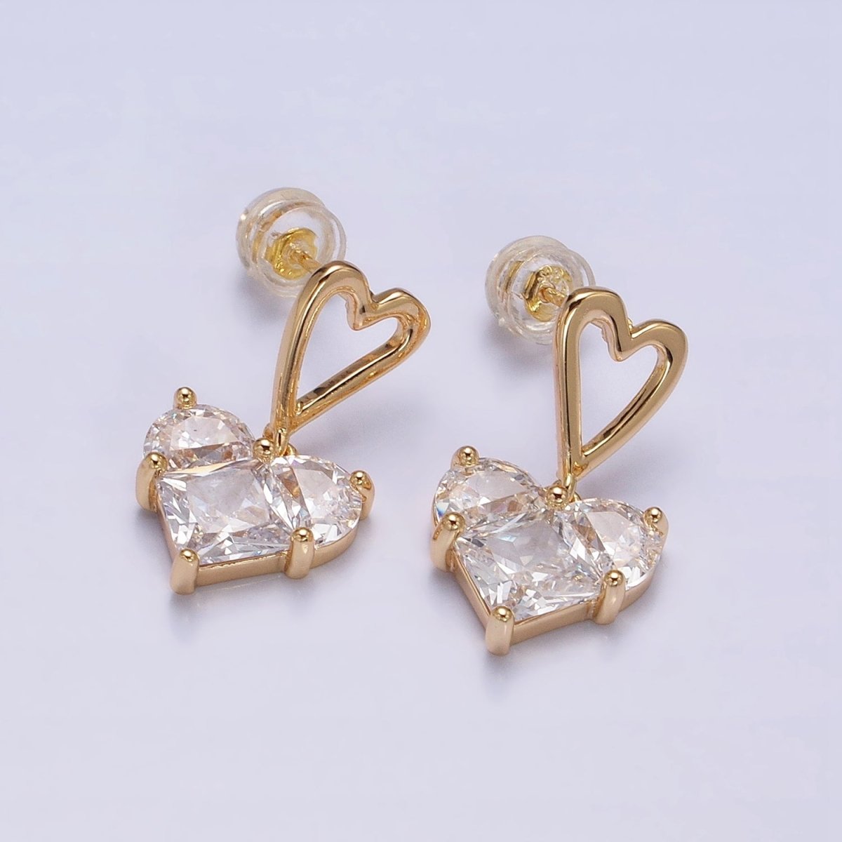 16K Gold Filled Clear, Green, Pink, Blue, Purple, Red CZ Pixel Heart Drop Stud Earrings in Gold &amp; Silver | AD1492 - AD1503