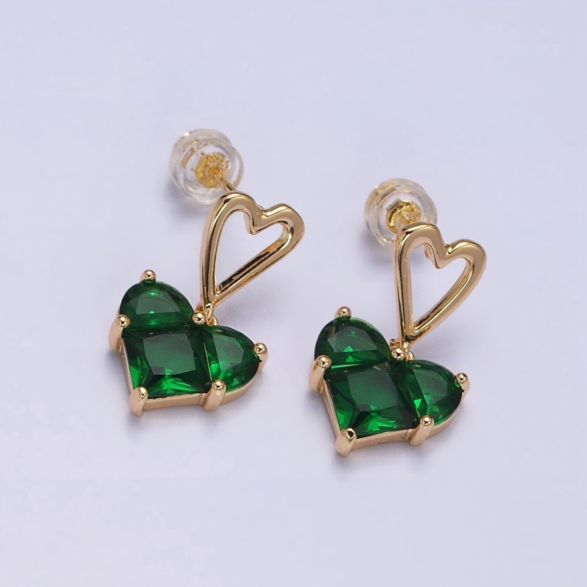 16K Gold Filled Clear, Green, Pink, Blue, Purple, Red CZ Pixel Heart Drop Stud Earrings in Gold &amp; Silver | AD1492 - AD1503