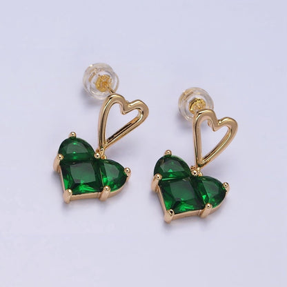16K Gold Filled Clear, Green, Pink, Blue, Purple, Red CZ Pixel Heart Drop Stud Earrings in Gold &amp; Silver | AD1492 - AD1503