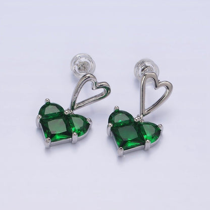 16K Gold Filled Clear, Green, Pink, Blue, Purple, Red CZ Pixel Heart Drop Stud Earrings in Gold &amp; Silver | AD1492 - AD1503