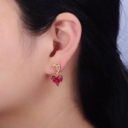 16K Gold Filled Clear, Green, Pink, Blue, Purple, Red CZ Pixel Heart Drop Stud Earrings in Gold &amp; Silver | AD1492 - AD1503