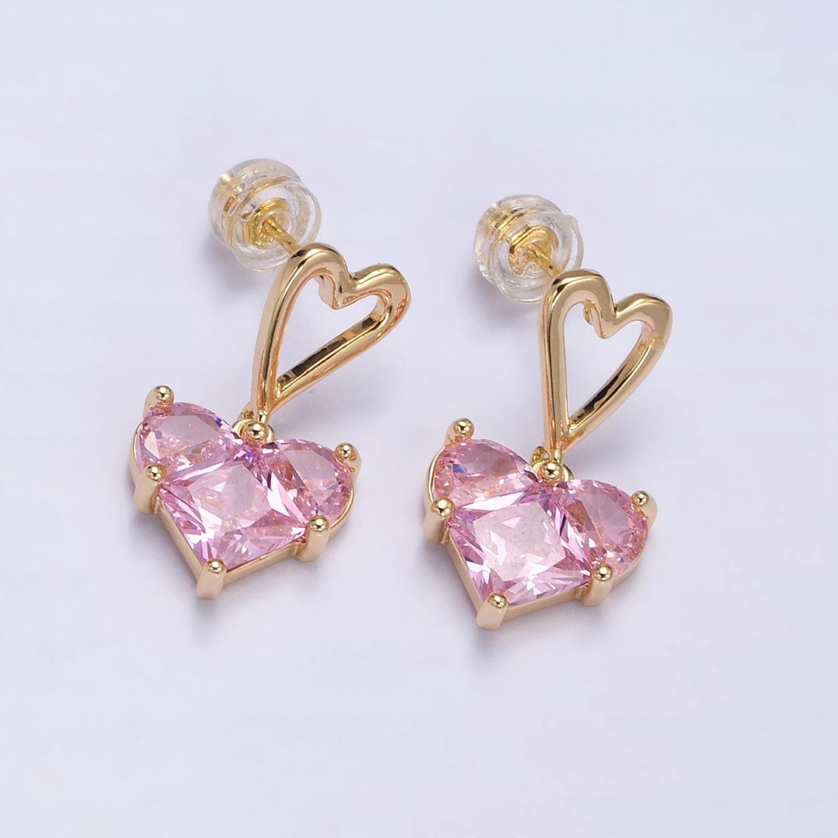 16K Gold Filled Clear, Green, Pink, Blue, Purple, Red CZ Pixel Heart Drop Stud Earrings in Gold &amp; Silver | AD1492 - AD1503