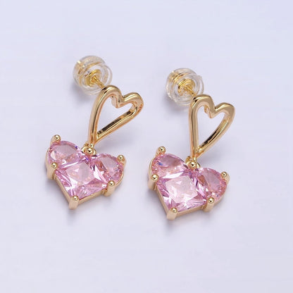 16K Gold Filled Clear, Green, Pink, Blue, Purple, Red CZ Pixel Heart Drop Stud Earrings in Gold &amp; Silver | AD1492 - AD1503