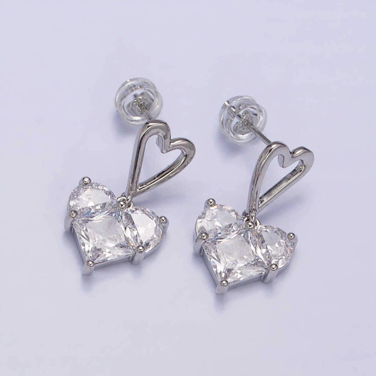 16K Gold Filled Clear, Green, Pink, Blue, Purple, Red CZ Pixel Heart Drop Stud Earrings in Gold &amp; Silver | AD1492 - AD1503