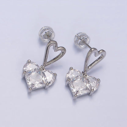 16K Gold Filled Clear, Green, Pink, Blue, Purple, Red CZ Pixel Heart Drop Stud Earrings in Gold &amp; Silver | AD1492 - AD1503