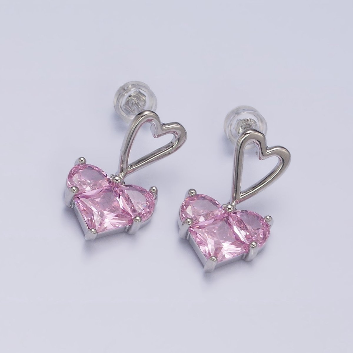16K Gold Filled Clear, Green, Pink, Blue, Purple, Red CZ Pixel Heart Drop Stud Earrings in Gold &amp; Silver | AD1492 - AD1503