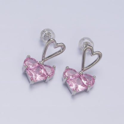 16K Gold Filled Clear, Green, Pink, Blue, Purple, Red CZ Pixel Heart Drop Stud Earrings in Gold &amp; Silver | AD1492 - AD1503