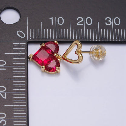 16K Gold Filled Clear, Green, Pink, Blue, Purple, Red CZ Pixel Heart Drop Stud Earrings in Gold &amp; Silver | AD1492 - AD1503