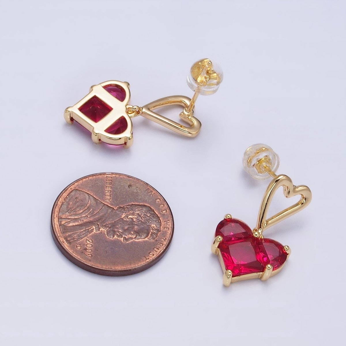 16K Gold Filled Clear, Green, Pink, Blue, Purple, Red CZ Pixel Heart Drop Stud Earrings in Gold &amp; Silver | AD1492 - AD1503