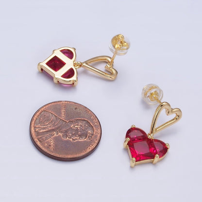 16K Gold Filled Clear, Green, Pink, Blue, Purple, Red CZ Pixel Heart Drop Stud Earrings in Gold &amp; Silver | AD1492 - AD1503