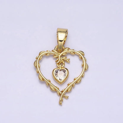 16K Gold Filled Clear Heart CZ Olive Vine Leaf Open Pendant | AC1326