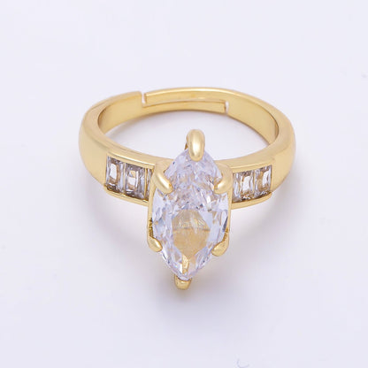 16K Gold Filled Clear Marquise Baguette CZ Adjustable Ring in Gold &amp; Silver | Rings-00291 Rings-00292