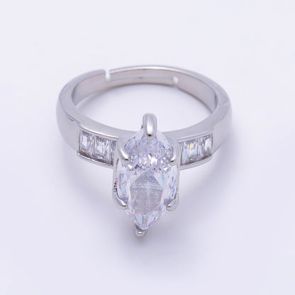 16K Gold Filled Clear Marquise Baguette CZ Adjustable Ring in Gold &amp; Silver | Rings-00291 Rings-00292