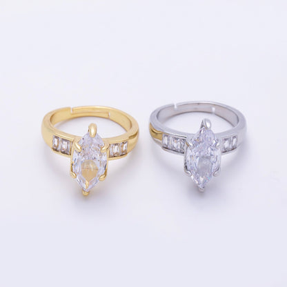 16K Gold Filled Clear Marquise Baguette CZ Adjustable Ring in Gold &amp; Silver | Rings-00291 Rings-00292