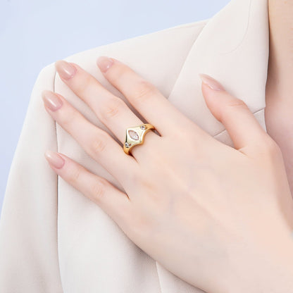 16K Gold Filled Clear Marquise CZ Dotted Chevron Signet Adjustable Ring | Rings-00122