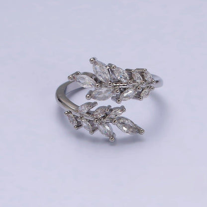 16K Gold Filled Clear Marquise CZ Leaf Nature Open Adjustable Ring in Gold &amp; Silver | O-1577 O-1578