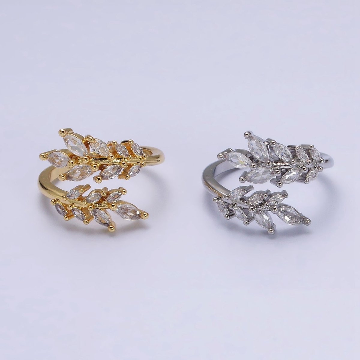 16K Gold Filled Clear Marquise CZ Leaf Nature Open Adjustable Ring in Gold &amp; Silver | O-1577 O-1578