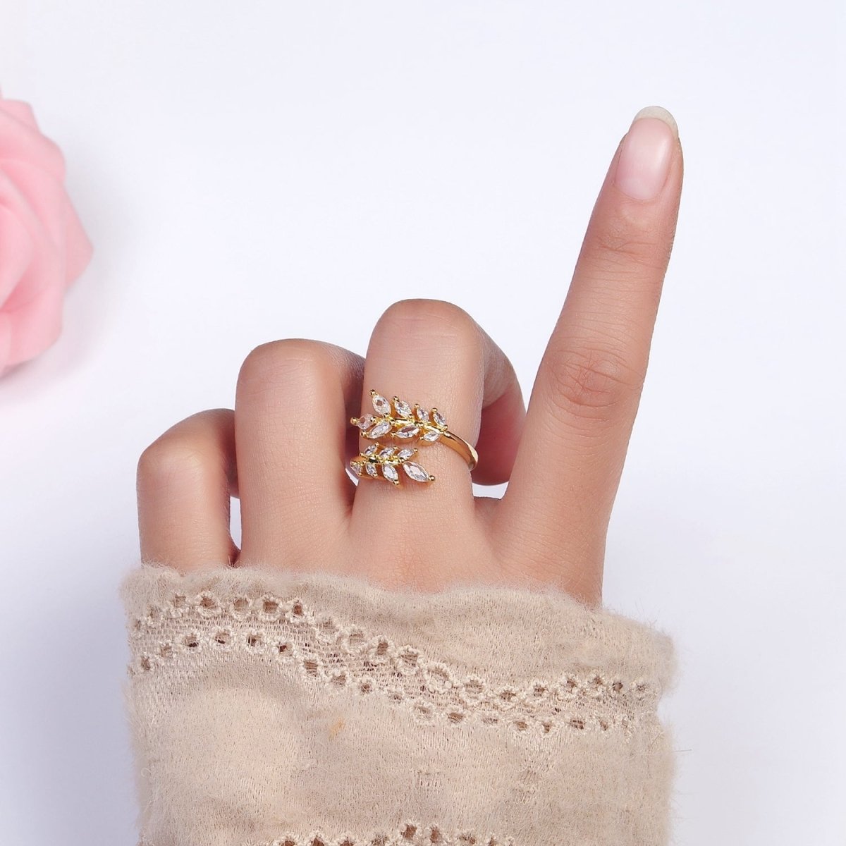 16K Gold Filled Clear Marquise CZ Leaf Nature Open Adjustable Ring in Gold &amp; Silver | O-1577 O-1578
