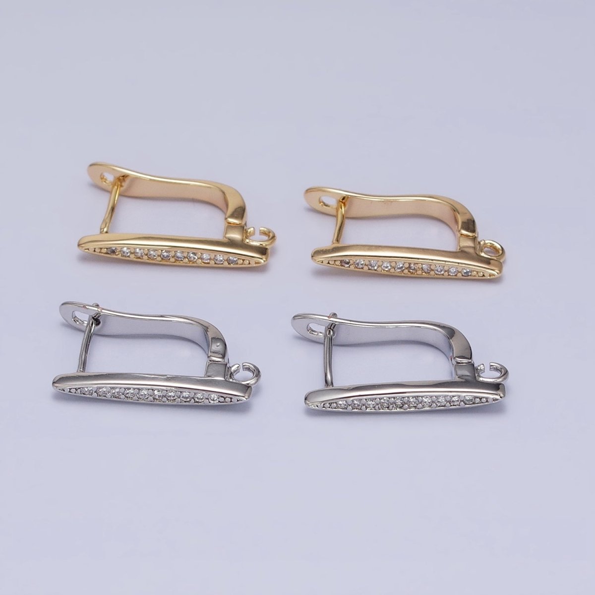 16K Gold Filled Clear Micro Paved CZ Bar Open Loop English Lock Earrings in Silver &amp; Gold | Z-235 Z-236