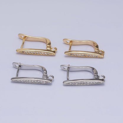 16K Gold Filled Clear Micro Paved CZ Bar Open Loop English Lock Earrings in Silver &amp; Gold | Z-235 Z-236