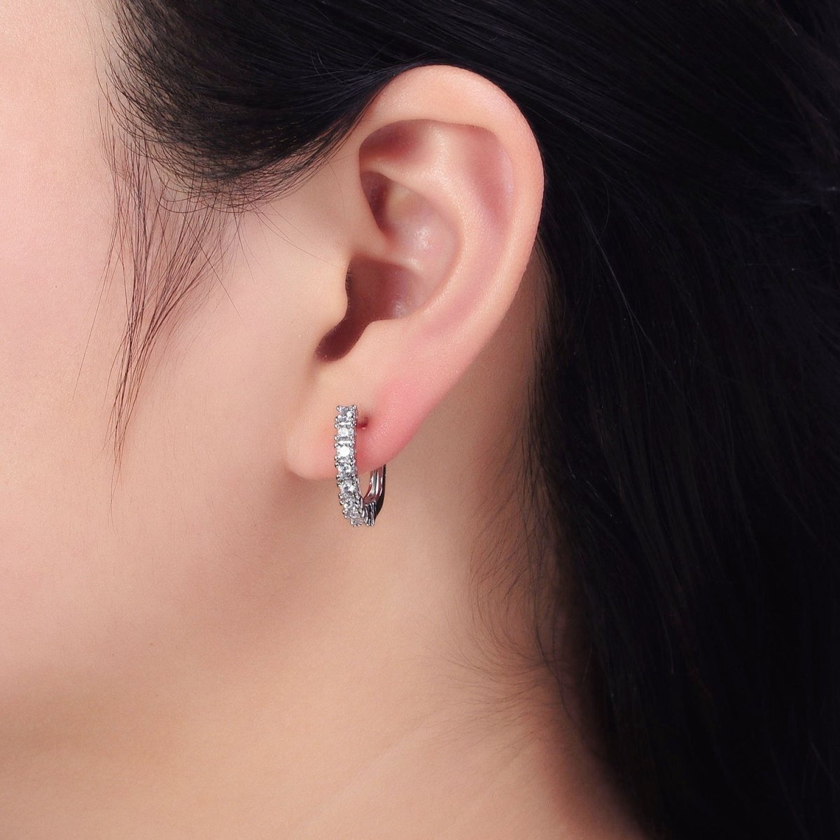 16K Gold Filled Clear Micro Paved CZ Lined 19mm Oblong English Lock Earrings in Gold &amp; Silver | AB912 AB450