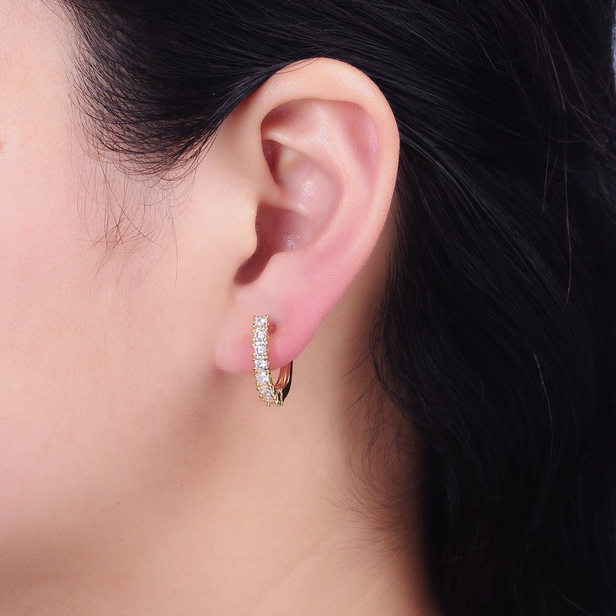 16K Gold Filled Clear Micro Paved CZ Lined 19mm Oblong English Lock Earrings in Gold &amp; Silver | AB912 AB450