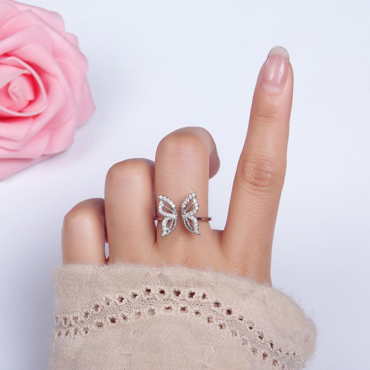 16K Gold Filled Clear Micro Paved CZ Open Butterfly Ring in Gold &amp; Silver | R044 O581