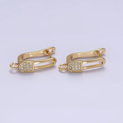 16K Gold Filled Clear Micro Paved CZ Safety Pin Oblong Open Loop English Lock Earrings | Z-467
