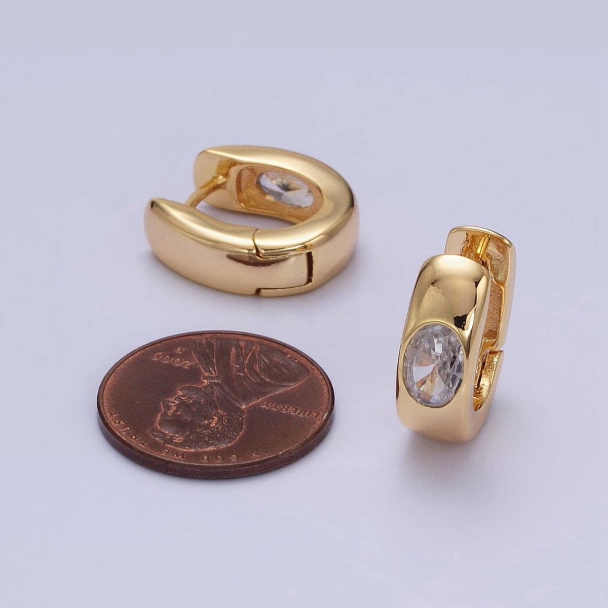 16K Gold Filled Clear Oval CZ 15mm Thick Huggie Earrings in Gold &amp; Silver | AD891 AD892