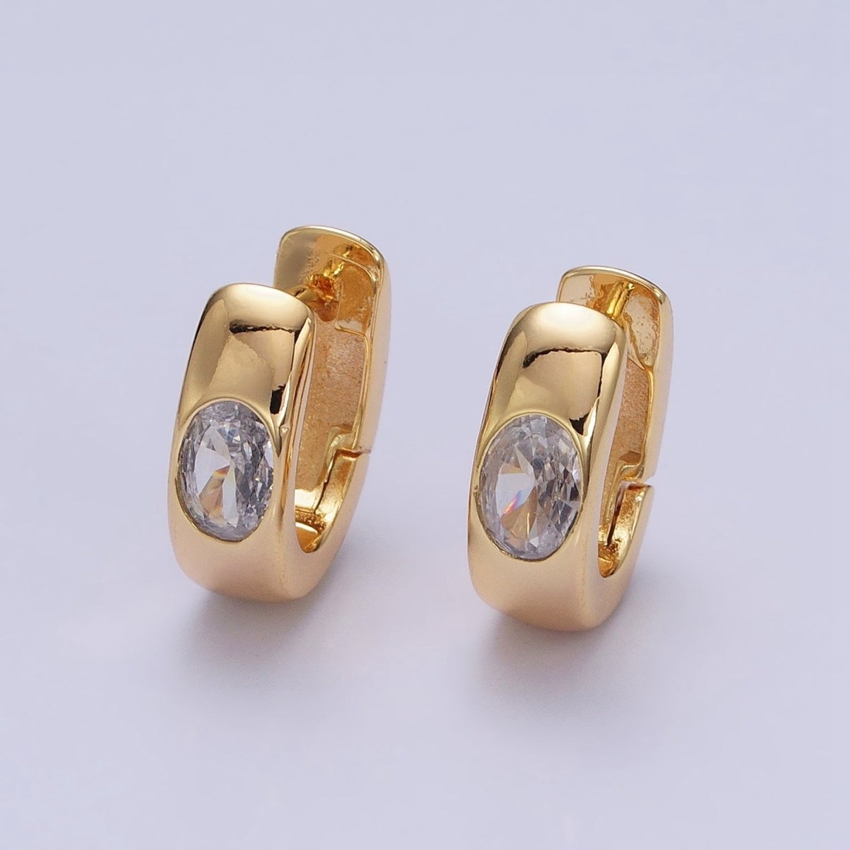 16K Gold Filled Clear Oval CZ 15mm Thick Huggie Earrings in Gold &amp; Silver | AD891 AD892