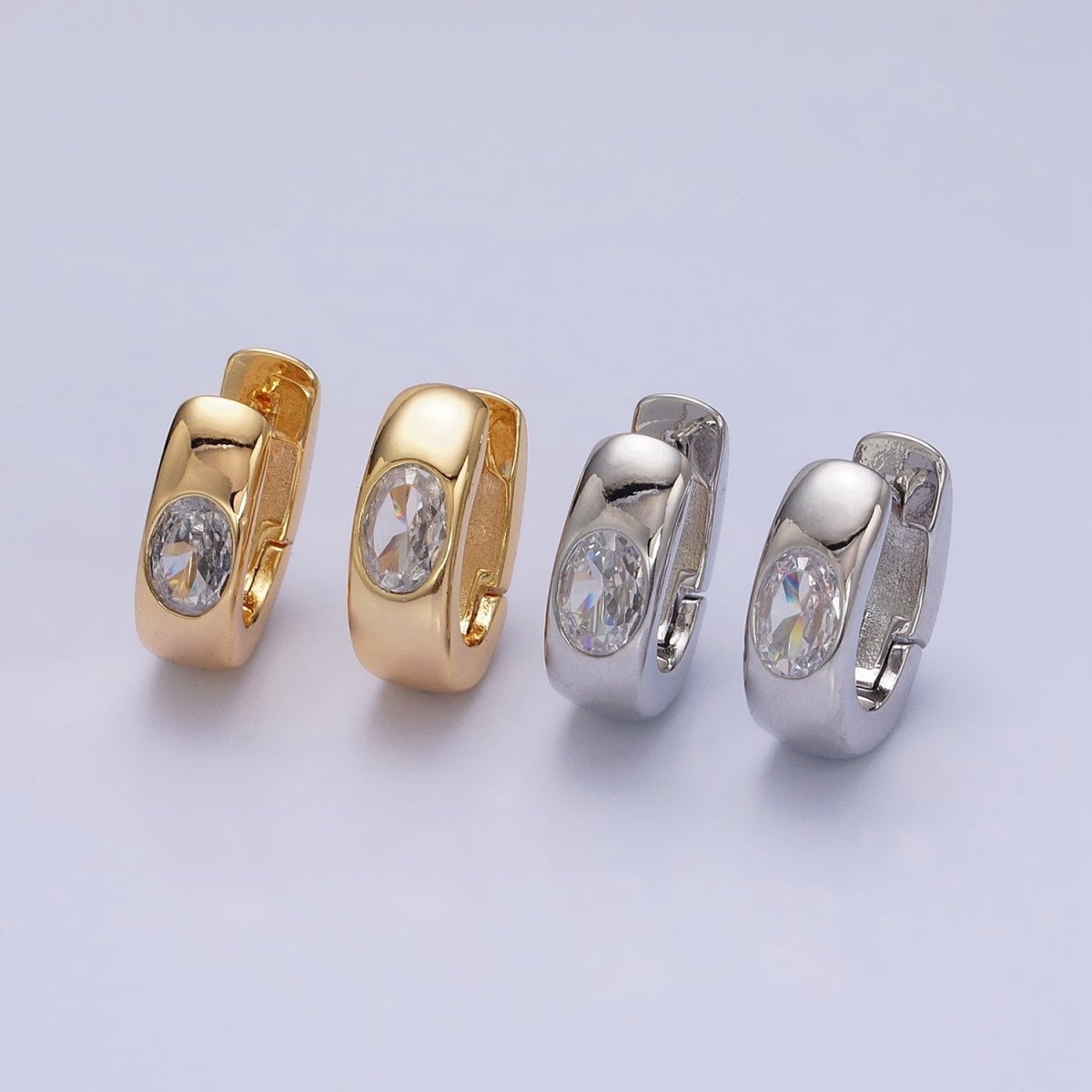 16K Gold Filled Clear Oval CZ 15mm Thick Huggie Earrings in Gold &amp; Silver | AD891 AD892