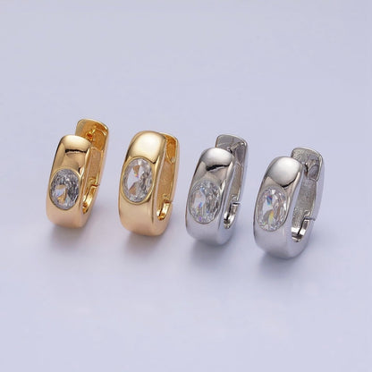 16K Gold Filled Clear Oval CZ 15mm Thick Huggie Earrings in Gold &amp; Silver | AD891 AD892