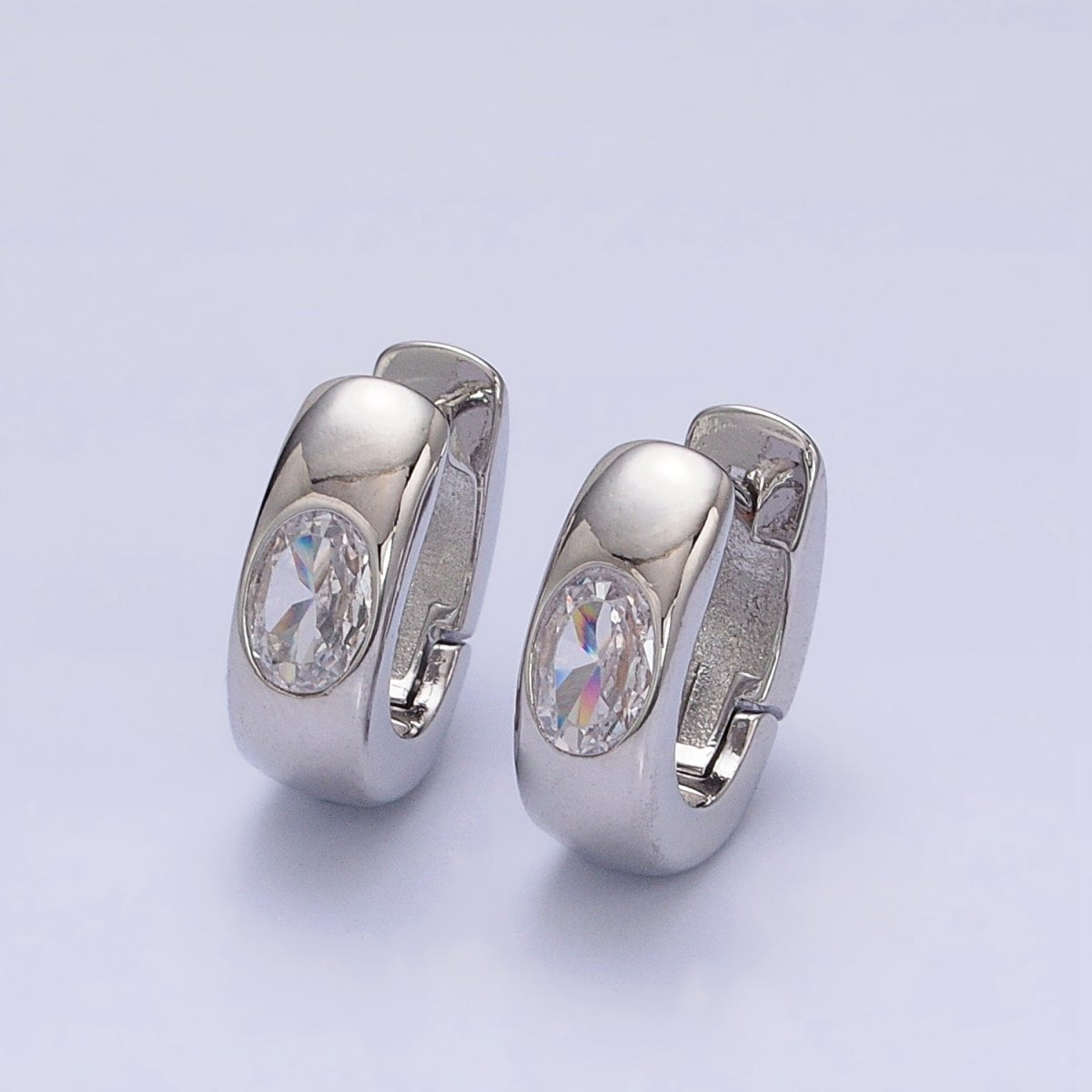 16K Gold Filled Clear Oval CZ 15mm Thick Huggie Earrings in Gold &amp; Silver | AD891 AD892
