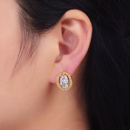 16K Gold Filled Clear CZ Micro Paved Open Oval Stud Earrings | Earrings-00568